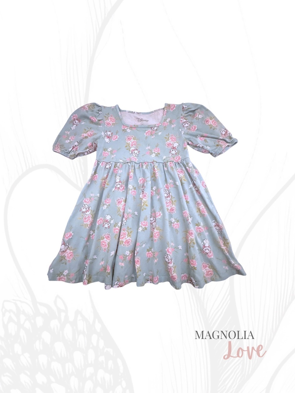 🐈 Disney Aristocats Girls Light Blue Dress w/ Pink Rose White Cat Pattern S